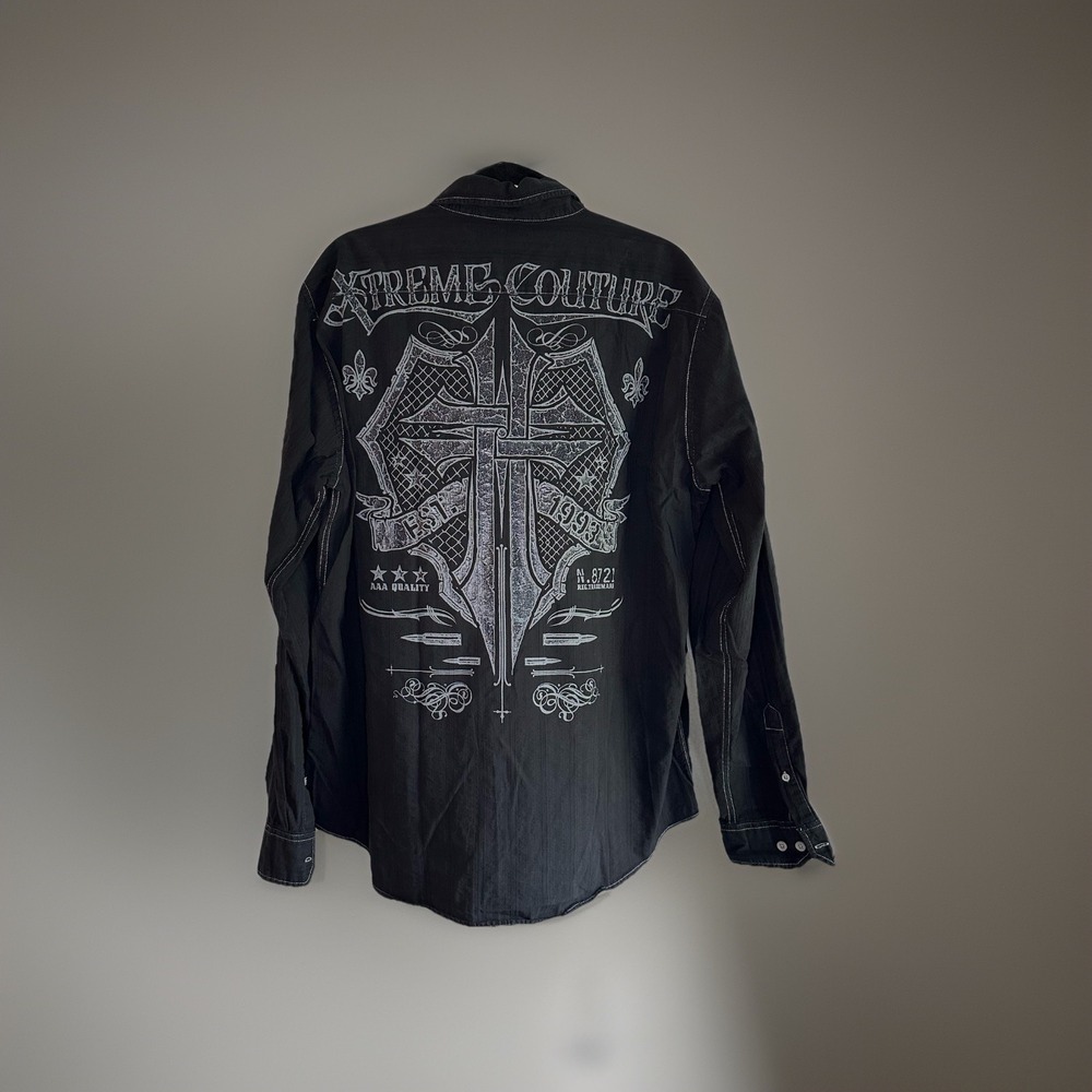 Xtreme Couture Black Button-Down Shirt 2XL Men's Cross Graphic Back Western Moto